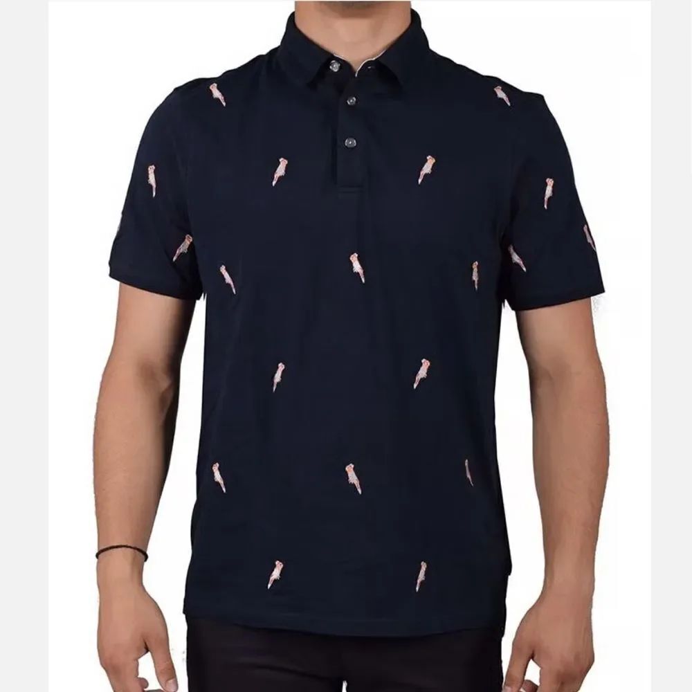 Ted Baker Parrot Embroidery Short Sleeve Polo Shirt In Navy Blue Size L